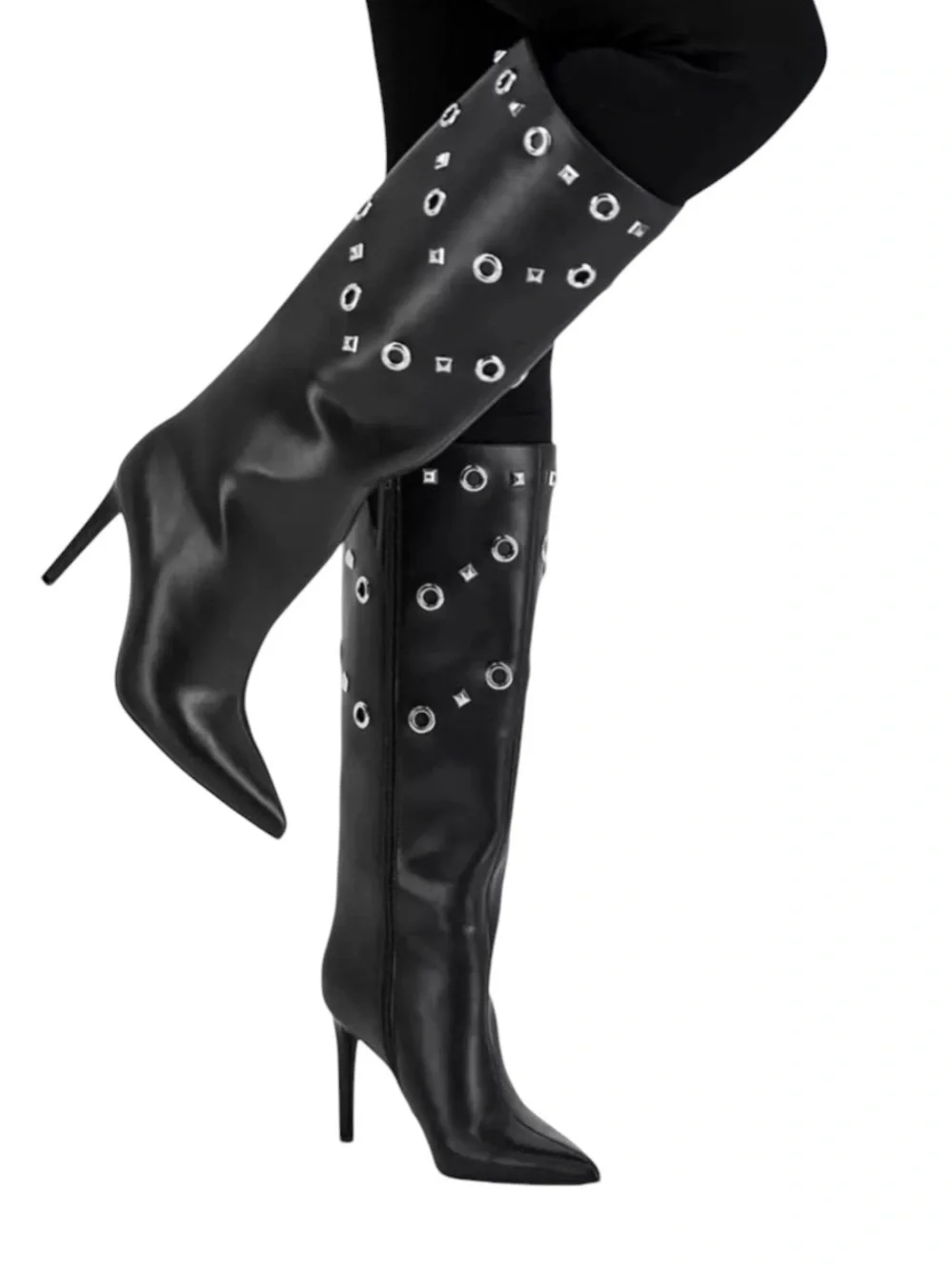Black Knee-High Stiletto Boots with Silver Eyelet Detail